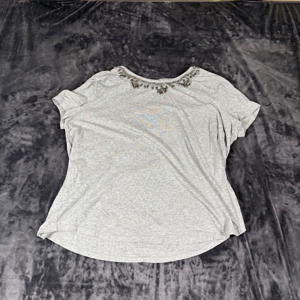 Lauren Ralph Lauren T-Shirt Women XL Gray Embellished Neck Short Sleeve Tee